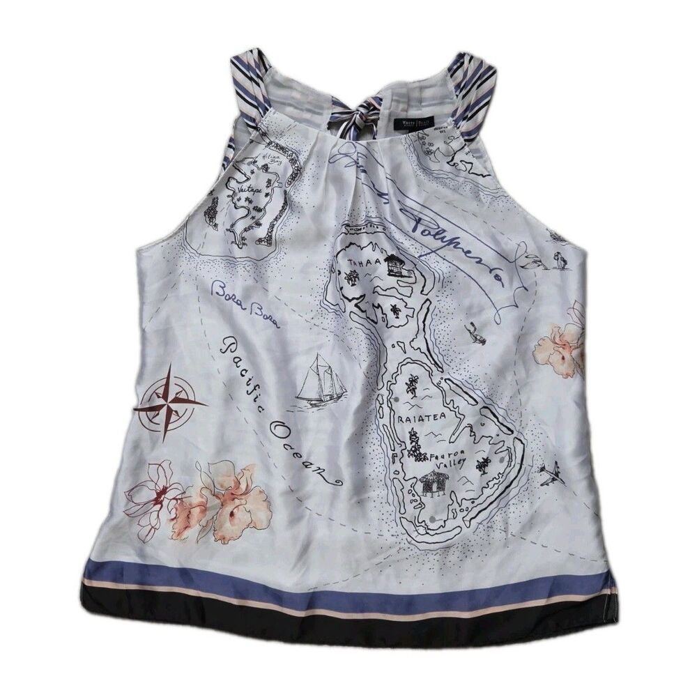 White House Black Market Tropical Map Print Sleeveless Blouse Tie Back Sz L EUC